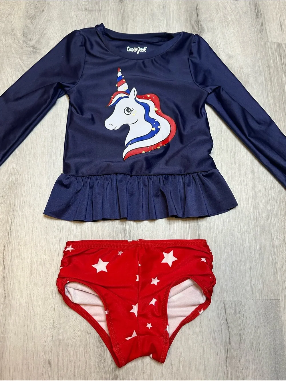 Kids - 3 for $10 - Cat & Jack Navy Unicorn Sun Guard Top & Red Star Swim Bottoms